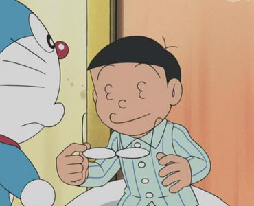 Nobi Nobita 野比のび太, taking off his glasses to reveal a face with eyes that are 3's, me ga san 目が３.