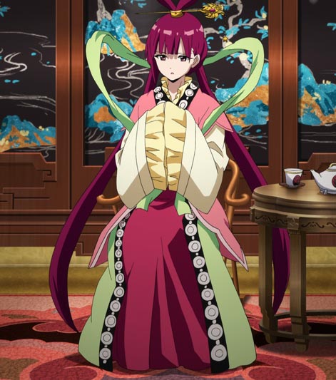 Ren Kougyoku 練紅玉, sitting on a chair with her hands inside her sleeves.