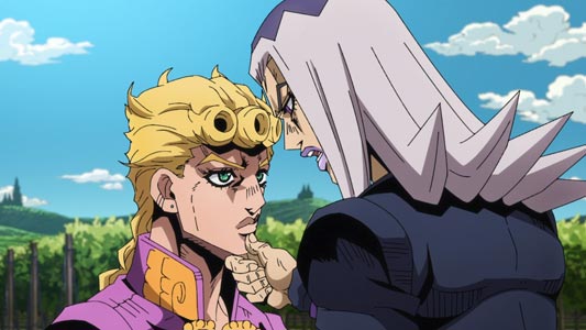 Leone Abbacchio, レオーネ・アバッキオ and holding Giorno Giovanna's, ジョルノ・ジョバァーナ, chin up, example of ago-kui 顎クイ.