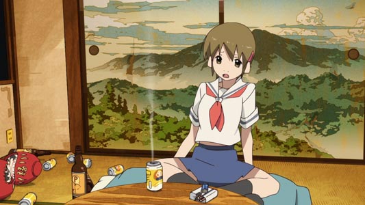Shimogamo Yasaburou 下鴨矢三郎, a male tanuki, sitting in agura あぐら with a skirt, while transformed into a sailor outfit-wearing human girl.
