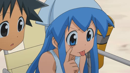 Ika-musume イカ娘 doing an akanbee あかんべえ, i.e. pulling down her eyelid and sticking her tongue out.