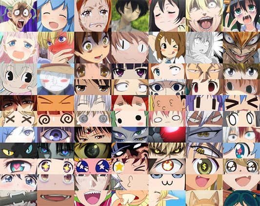 A collage of different types of anime faces and expressions.