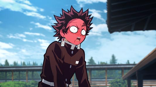 Kamado Tanjirou 竈門炭治郎, blushing with a fully "red face," sekimen 赤面.