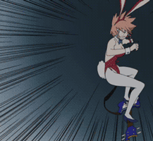 Haruhara Haruko ハルハラ・ハル子, cosplaying as a "bunny girl," banii gaaru バニーガール, surfing on a guitar in reference to Daicon IV Opening Animation.
