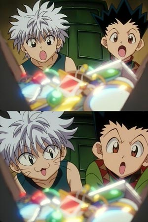 Killua Zoldyck キルア=ゾルディック and Gon Freecss ゴン＝フリークス seeing treasure, example of cat face expression in anime.