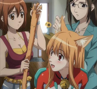 Eris エリス, a cat girl alien, having her ears and tail checked by Kinjou Manami 金武城真奈美, and Itokazu Maki 糸嘉州マキ to make sure they're real.