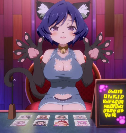 Example of cat girl that's a juujin 獣人, "beast-person," "beast-woman," type of monster girl. Character is an unnamed receptionist at Nyan-Nyan Tengoku ニャンニャン天国