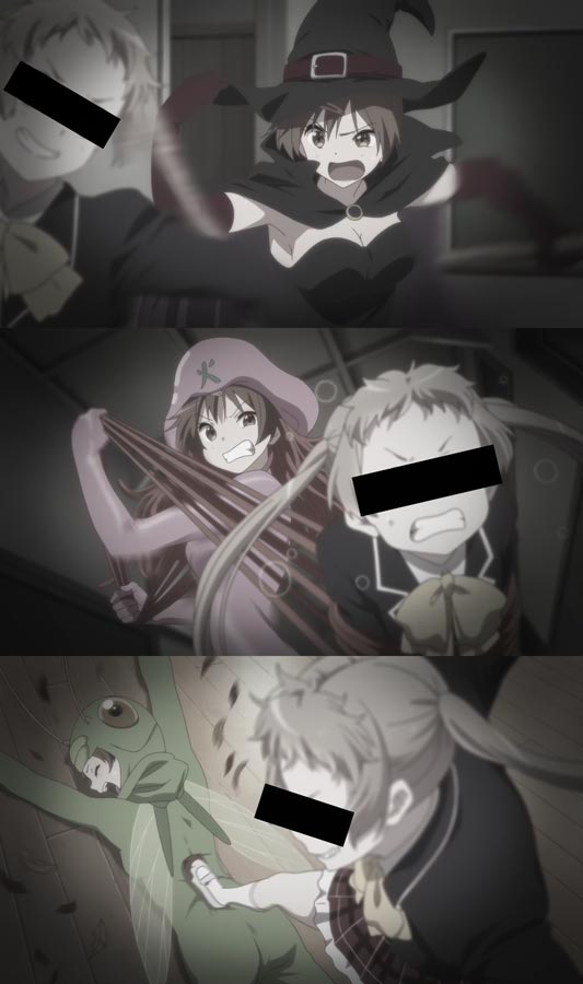 Dekomori Sanae 凸守早苗 and Nibutani Shinka 丹生谷森夏, example of black censor bars over a character's eyes.