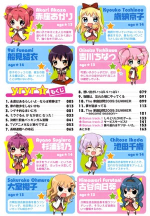 The index of the first volume of Yuru Yuri ゆるゆり, which includes information about the all-girls cast of characters.