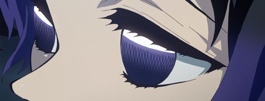 Kochou Shinobu 胡蝶しのぶ, whose eyes look like insect eyes, "compound eyes," fukugan 複眼.