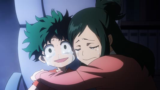 Deku デク, Midoriya Izuku 緑谷出久, and his mother Midoriya Inko 緑谷インコ, example of character cryings, nakigao 泣き顔.