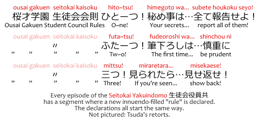 桜才学園生徒会会則　ひとーつ！秘め事は･･･すべて報告せよ！ 〃　ふたーつ！筆おろしは･･･慎重に 〃　三つ！見られたら･･･見せ返せ！