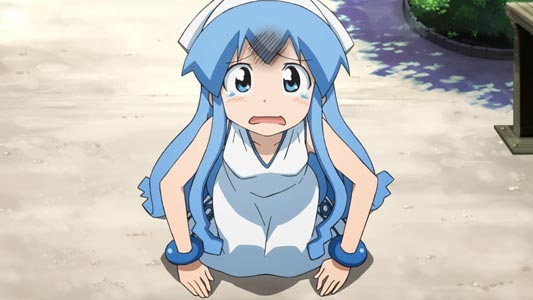 Ika Musume イカ娘 with dirt on her forehead for doing a dogeza 土下座.