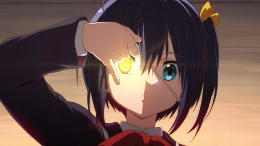 Takanashi Rikka 小鳥遊六花, lifting her eye patch to show her "magic eye," magan 魔眼. It's actually a ...