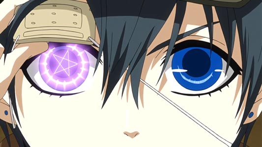 Ciel Phantomhive シエル・ファントムハイヴ, lifting his eye patch to show his left eye with a glowing pentagram on it.