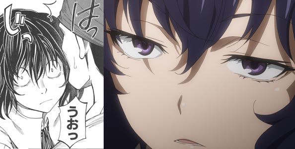 Nunotaba Shinobu 布束砥信 has tiny irises in the manga, shihakugan 四白眼, but larger irises in the anime adaptation.