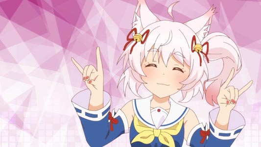 Howan ほわん doing a double "fox sign," kitsune sain キツネサイン.