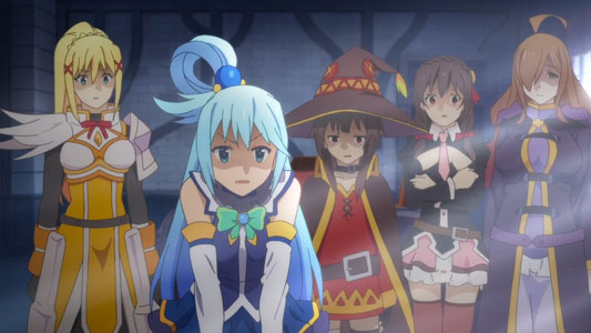 Example of disgusted faces, gomi wo miru you na me ゴミを見るような目. Characters: Darkness ダクネス, Aqua アクア, Megumin めぐみん, Yunyun ゆんゆん, and Wiz ウィズ.