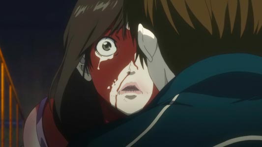 A character crying covered in blood.