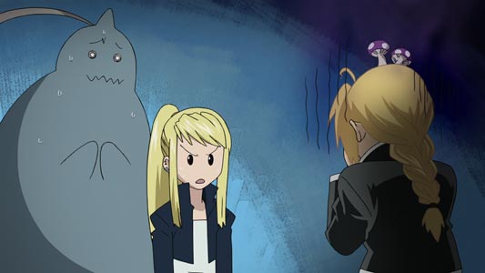 Alphonse Elric アルフォンス・エルリック, Winry Rockbell ウィンリィ・ロックベル, and Edward Elric エドワード・エルリック, the latter with mushrooms growing on his head.