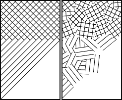 Diagram showing the difference between cross-hatching (left) and kakeami カケアミ (right).