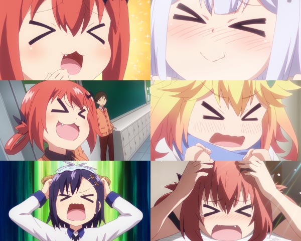 Examples of kazari-me かざり目. Characters Kurumizawa Satanichia McDowell 胡桃沢=サタニキア=マクドウェル, Shiraha Raphiel Ainsworth 白羽=ラフィエル=エインズワース, Chisaki Tapris Sugarbell 千咲=タプリス=シュガーベル, and Tsukinose Vignette April 月乃瀬=ヴィネット=エイプリル.