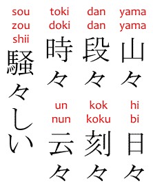 Examples of 々 in Japanese words: yamayama dandan tokidoki souzoushii hibi kokkoku un'nun 山々段々時々騒々しい日々刻々云々.