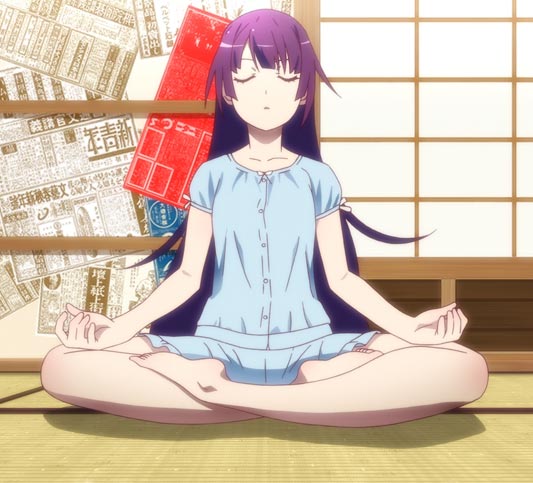 Senjougahara Hitagi 戦場ヶ原ひたぎ, example of character sitting in the lotus position of yoga, used for meditation, also called kekkafuza 結跏趺坐.