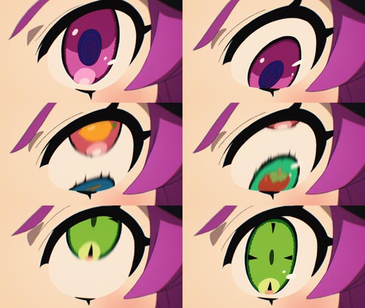Kishirika Kishirisu キシリカ・キシリス, swapping her "magic eyes," magan 魔眼, by spinning them like a slot machine.