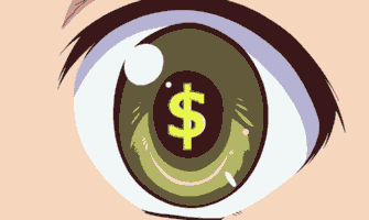 Midorikawa Mana 緑川末那, example of money eyes in the shape of a single-stroke dollar sign.