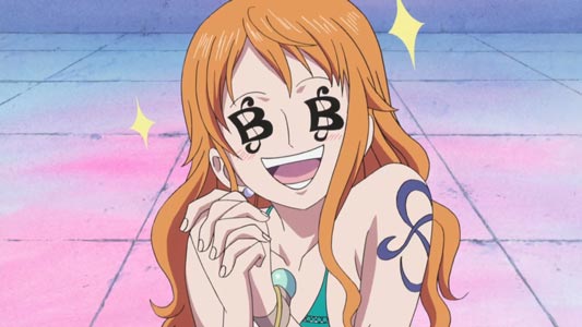 Nami ナミ, example of money eyes, in this case, shaped like the "berry" sign, berii ベリー.