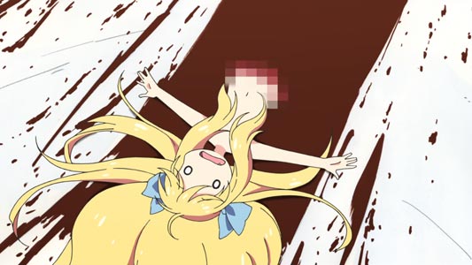 Jashin-chan 邪神ちゃん, torso split in half, blood all over the place, example of mosaic モザイク censorship.