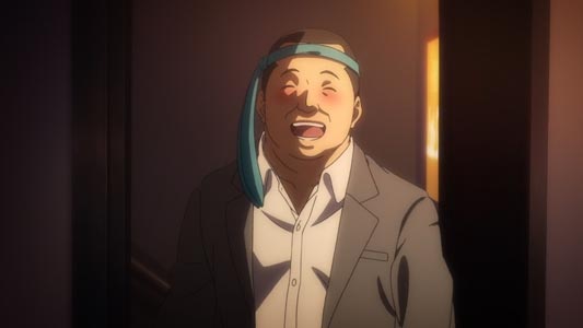 Example of drunk character with a necktie wrapped around his head like a headband.