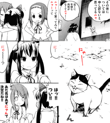 Examples of nyaa にゃー, nya ニャ, nyan にゃん being used in Japanese.