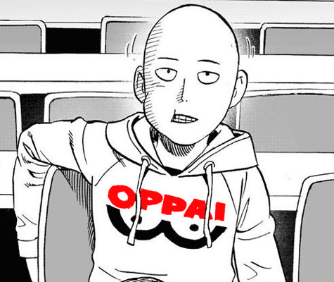 Saitama サイタマ wearing an oppai おっぱい hoodie.