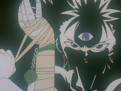 Hiei 飛影, removing his bandages to unseal the power within his arm.