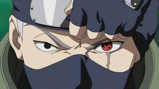 Hatake Kakashi はたけカカシ, showing his sharingan 写輪眼.