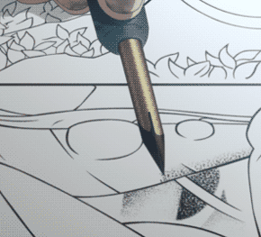 Example of animation showing the process of "stippling," tenbyou 点描, an art technique used by Nakai Takurou 中井巧朗 to shade backgrounds.