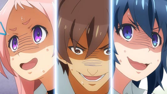 Aguri 亜玖璃, Uehara Tasuku 上原祐, Hoshinomori Chiaki 星ノ守千秋, example of characters sweating.