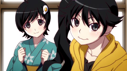 Araragi Tsukihi 阿良々木月火, and Araragi Karen 阿良々木火憐, example of sisters one having tareme タレ目 and the other tsurime ツリ目.