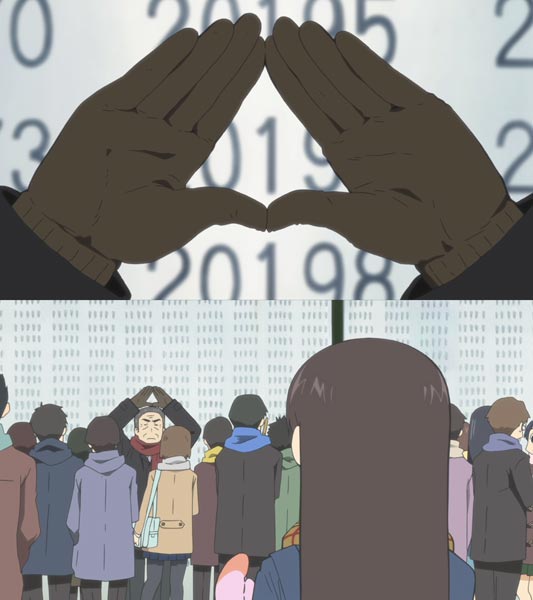 A character makes a triangle with his hands.