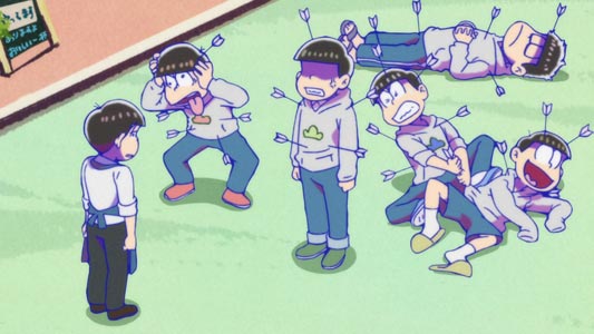 Todomatsu トド松 murders his brothers with words, symbolized by arrows. They wanted to enter the Starbucks where he worked, and he asked them to leave, saying the difference between Starbucks and them is the same difference between angels and a piece of crap.